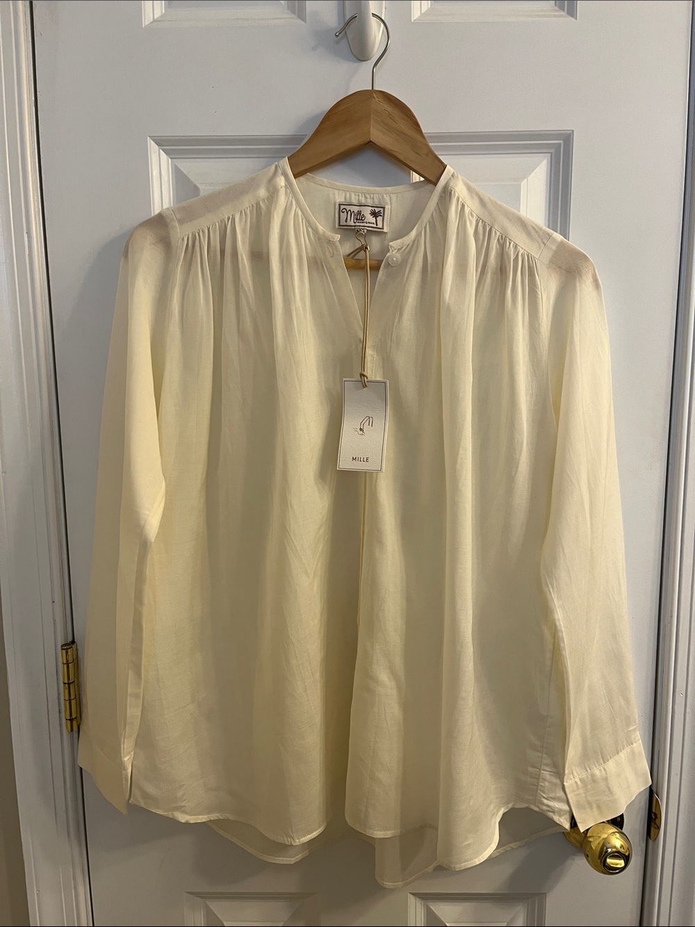 Mille Cream Button-Down Gathered Yoke Shirt